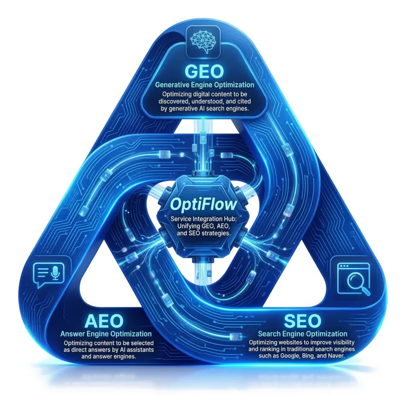 옵티플로우 비즈니스 프로세스 - 진단, 전략 수립, 기술 구축, 콘텐츠 최적화, 플랫폼별 전략